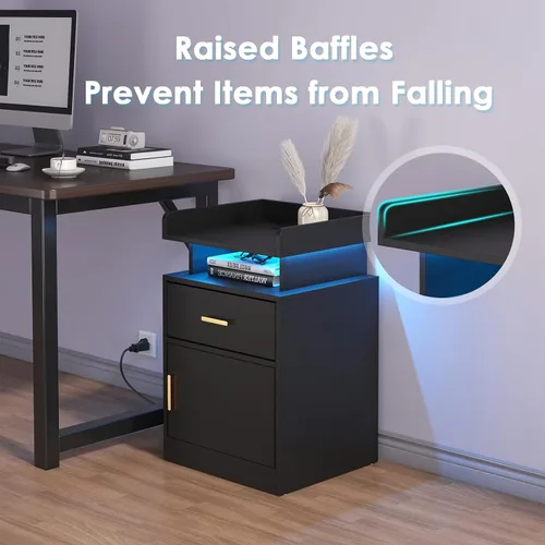 Miniatura 7 de Mesita de noche con estación de carga y luces LED, mesita de noche con cajón, mesita de noche con almacenamiento de gabinete, mesita de noche