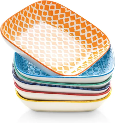 Selamica Platos de cena cuadrados de porcelana de 8 pulgadas, cuencos para ensalada y pasta, juego de 6, colores surtidos