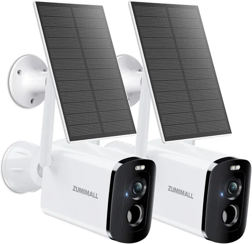 ZUMIMALL Cámaras de seguridad solares inalámbricas para exteriores, 2 paquetes, cámara 2K para seguridad del hogar con visión nocturna a color, WiFi