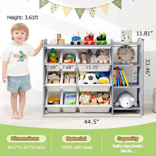 Miniatura 3 de MallBest Estante organizador de almacenamiento de juguetes para niños de 4 niveles, 100% madera maciza, armario de almacenamiento para niños con 9