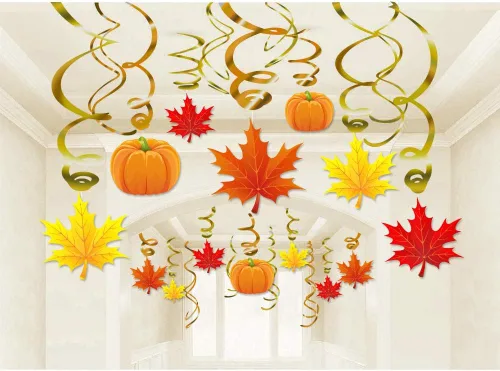 Decoraciones colgantes de remolinos de Acción de Gracias, suministros de fiesta temática de otoño de calabaza y hoja de arce, no requiere bricolaje,