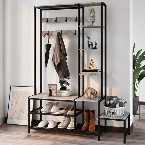 Miniatura 9 de Espelism Árbol de pasillo con banco de almacenamiento de zapatos, perchero con 7 ganchos intercambiables de 4 niveles, estantes de almacenamiento