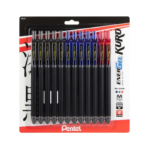 Pentel EnerGel Kuro - Bolígrafo de gel líquido, (punta de 1/32 pulgadas - 0.7 mm) línea media, tinta surtida, paquete de 12 (BL437R1BP12M1)