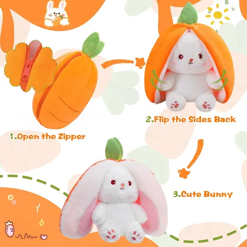 Miniatura 2 de MIAODAM Peluche reversible de conejo de zanahoria, orejas de conejo de zanahoria con cremallera, peluche de conejo de frutas, peluche de conejo