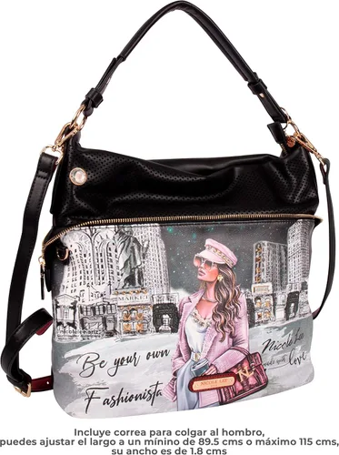 Miniatura 5 de Nicole Lee Sara is - Bolso de hombro grande suave pero fuerte, bolso de mano con tachuelas con adornos de diamantes negros con correa cruzada