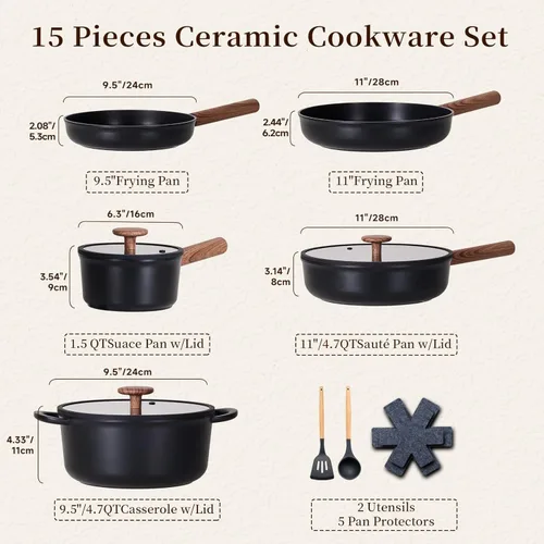 Miniatura 8 de JEETEE Juego de utensilios de cocina de cerámica, 15 ollas y sartenes antiadherentes con asas extraíbles, juego de utensilios de cocina de inducción