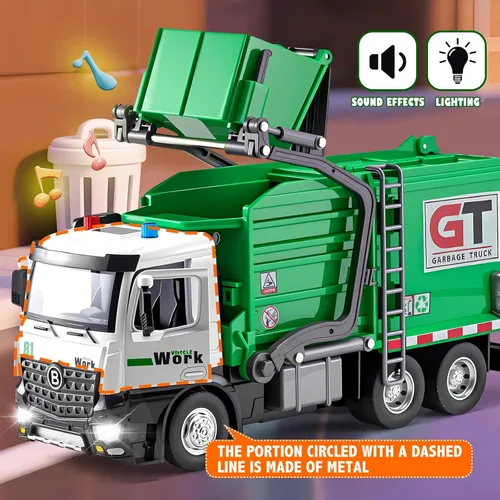 Miniatura 4 de HAPYAD Camiones de basura de juguete con cabina de metal, juguetes realistas de camiones de basura para niños con luces y sonidos, vehículos