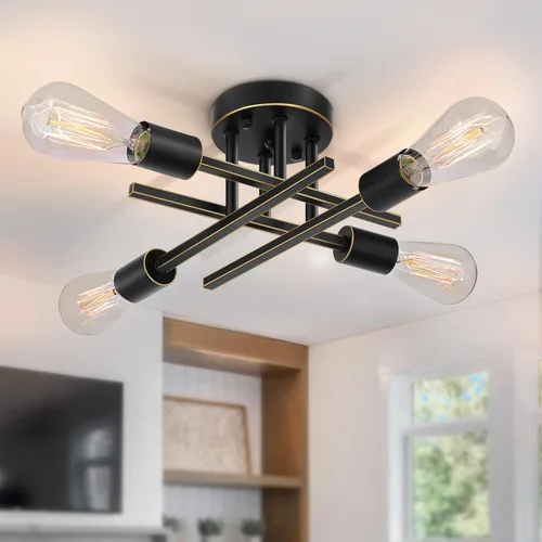 Miniatura 9 de SunRider Lámpara Industrial de Techo Semi Empotrada de 4 Luces, Luces de Pasillo de Bronce Frotado con Aceite, Candelabro Sputnik de Metal Retro