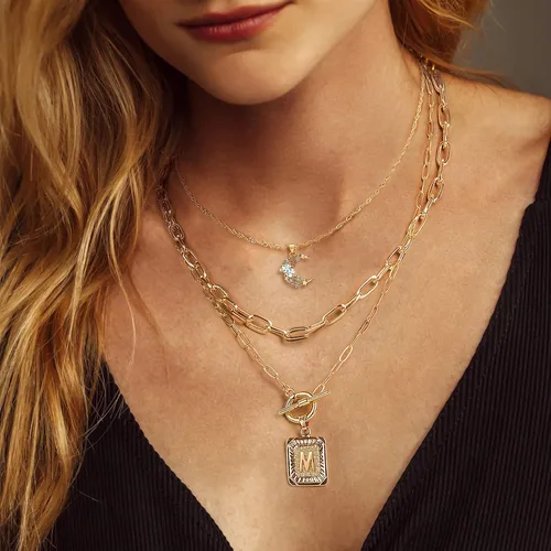Miniatura 9 de MJartoria Collares con inicial en capas para mujer, a la moda, chapado en oro de 14 quilates, gargantilla de estrella simple, collar con dije