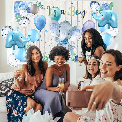 Miniatura 7 de Decoraciones para baby shower, 121 piezas de suministros de fiesta de elefantes, incluyen telón de fondo, pancarta, globos, mantel y decoración
