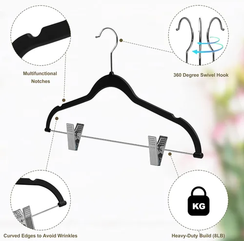 Miniatura 5 de Paquete de 80 perchas de plástico de calidad negra no aterciopeladas, no flocadas, compactas con clips de metal para faldas, pantalones, blusas