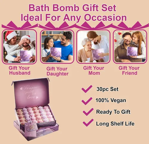 Miniatura 5 de Juego de 30 bombas de baño de lavanda para mujeres, madres, hombres, bomba de baño de burbujas naturales para spa, accesorios de ducha y baño