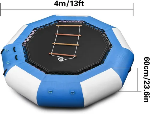 Miniatura 8 de Happybuy Trampolín inflable del agua, gorila inflable redonda del agua con la escalera mecánica, trampolín del agua en azul y blanco