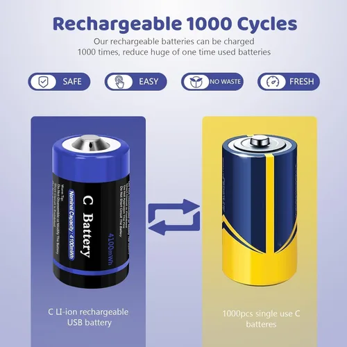 Miniatura 5 de Baterías recargables de litio de celda C con cable de carga USB-C 4 en 1, paquete de 8 unidades de 1.5V 4100mWh de celda C de iones de litio