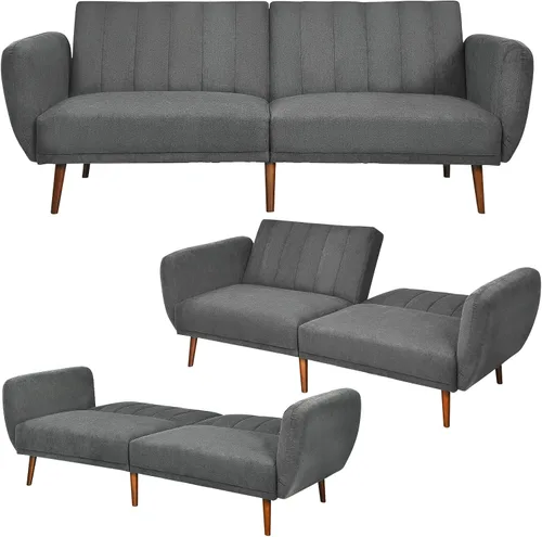 Miniatura 8 de KOMFOTT Sofá cama futón convertible, sofá biplaza de tela de lino moderno con respaldo dividido y ajustable, 6 patas de madera maciza, esponja