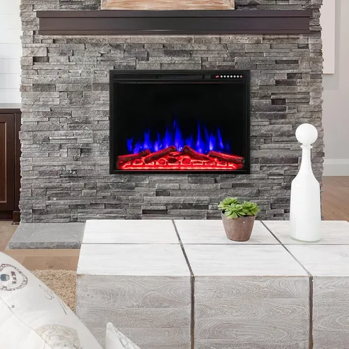 Miniatura 3 de COSTWAY Chimenea eléctrica de 37 pulgadas, calentador de chimenea empotrado y montado en la pared con 4 colores de llama y tronco, velocidad