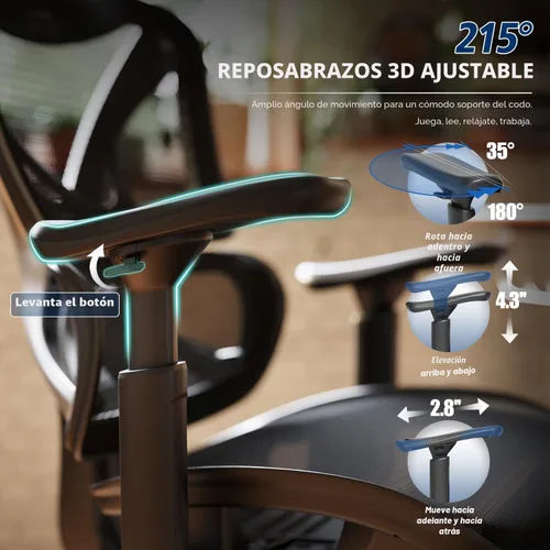 Miniatura 6 de GABRYLLY Silla de oficina ergonómica, silla de malla grande y alta con soporte lumbar, reposabrazos 3D, rotación de 215°, reposacabezas ajustable