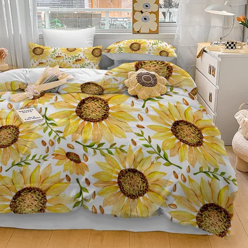 Miniatura 8 de Juego de edredón suave de lujo con diseño floral de girasol y hojas verdes, 1 edredón y 2 fundas de almohada