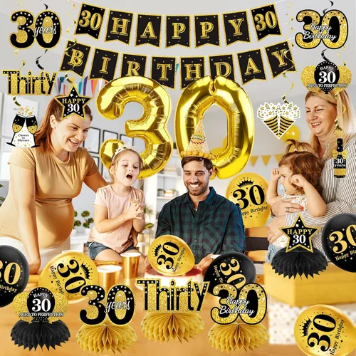 Miniatura 5 de Turypaty Kit de 36 piezas de decoración de cumpleaños de 30 años para hombres y mujeres, pancarta de feliz cumpleaños número 30, globo de panal