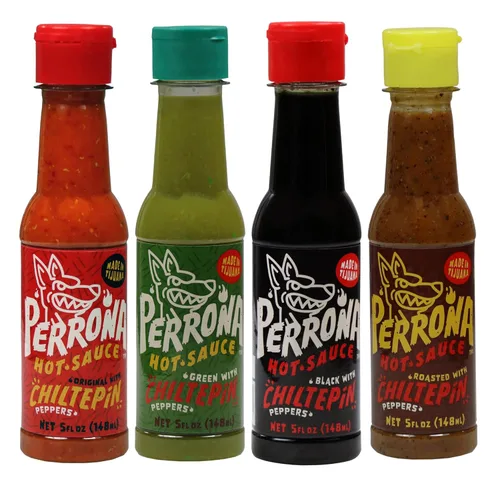 La Perrona Variedad de salsa picante | Chiltepin, asado, verde y negra | Botellas de 5 onzas | Hecho a mano | Paquete variado de salsa picante