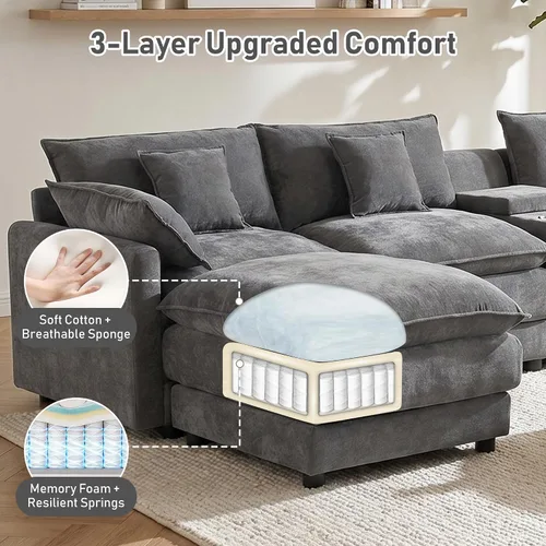 Miniatura 7 de Sofá modular de gran tamaño de 145 pulgadas, sofá de nube en forma de U, moderno juego de sofá de 6 asientos para sala de estar, cómodo asiento Gris