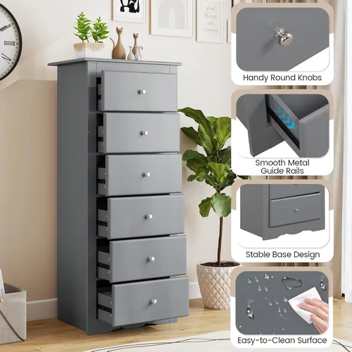Miniatura 5 de Giantex Cómoda de 6 cajones para dormitorio, cómoda de madera con tiradores de metal y gran capacidad, 16" P x 23" A x 53.5" Al, organizador de Gris