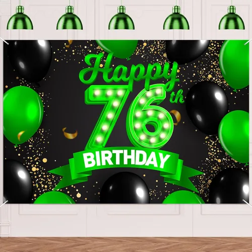 Miniatura 72 de Cartel de feliz cumpleaños 26 verde y negro, telón de fondo con texto en inglés "Cheers to 26 years old confeti", globos de confeti, decoración