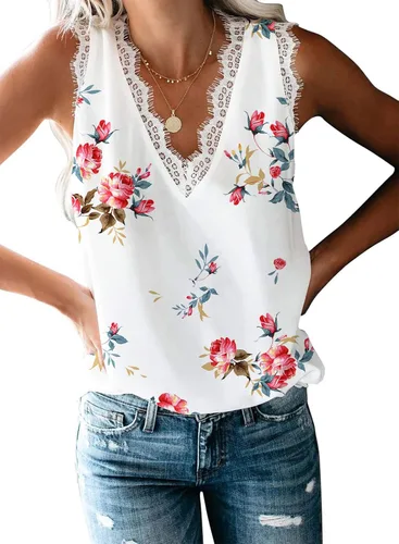 Miniatura 97 de VIISHOW - Camiseta sin mangas, sexy, con cuello en V y bordes de encaje para mujer, camisola de vestir, camisas de gasa, sin mangas, casuales