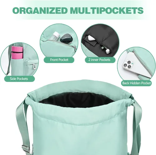 Miniatura 3 de Mochila con cordón y bolsillo húmedo, mochila de gimnasio resistente al agua, bolsa de cuerda para playa, natación, para mujeres y hombres