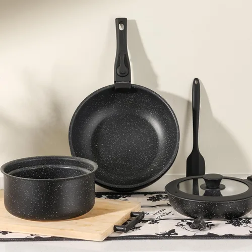 Miniatura 6 de Simple Deluxe Juego de 12 utensilios de cocina antiadherentes, con textura de granito negro y asas desmontables, resistentes a altas temperaturas
