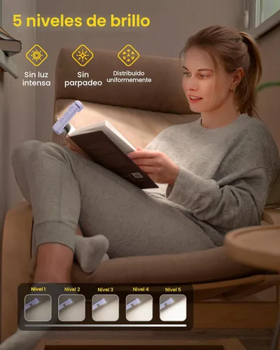 Miniatura 2 de Glocusent - Luz de libro recargable USB, luz de lectura LED portátil con clip, luces de lectura para libros en la cama con 3 colores ámbar y 5