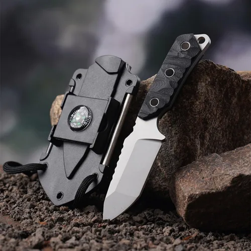 Cuchillo de caza pequeño de hoja fija con funda, cuchillo de caza de supervivencia con iniciador de fuego, brújula, espejo, hoja de 2.36 pulgadas,