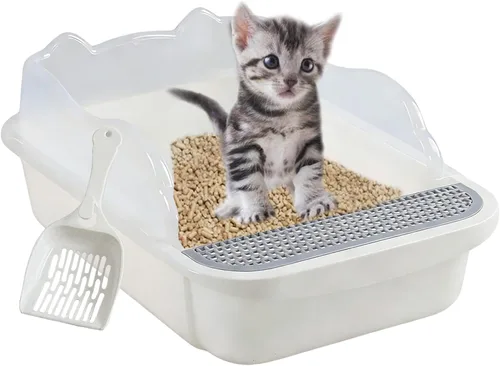 kathson Caja de arena abierta para gatos con lado alto, bandeja de arena para gatos antisalpicaduras, inodoro para gatitos con cuchara de tamizar,