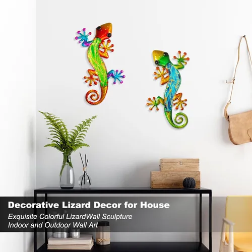 Miniatura 2 de Arte decorativo de Gecko de pared de metal, 14 pulgadas, paquete de 2 Diseño de escalada 3D, escultura de vidrio decorativa, lagarto colgante