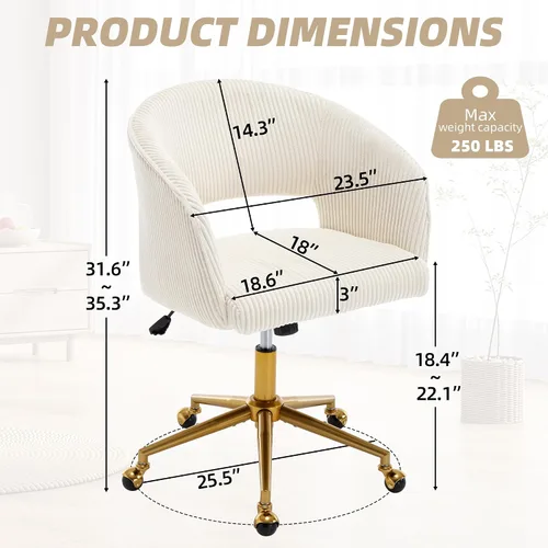 Miniatura 2 de Silla de escritorio ABET con ruedas, silla de oficina de corduroy, silla giratoria con base dorada, sillas acentuadas modernas tapizadas, respaldo