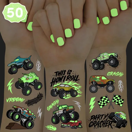 xo, Fetti Tatuajes temporales de camión monstruo que brillan en la oscuridad, 50 estilos de aluminio, decoraciones de fiesta de cumpleaños de