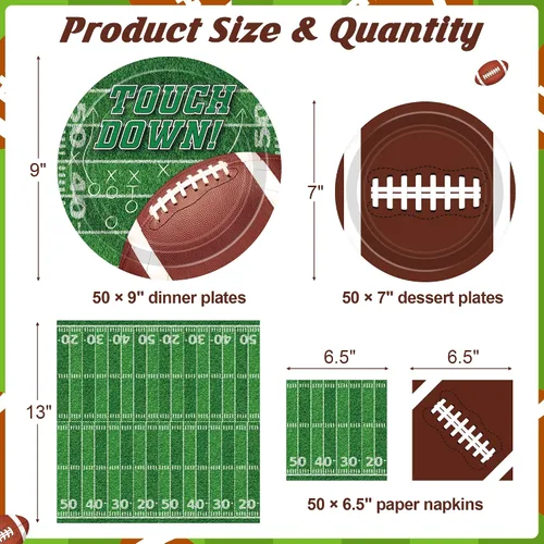 Miniatura 2 de Juego de suministros para fiesta de fútbol americano – 150 piezas de vajilla, las decoraciones incluyen platos, servilletas para el día del juego