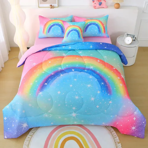 Miniatura 11 de JQinHome Juego de edredón con purpurina tamaño Queen, juego de ropa de cama de 6 piezas en una bolsa, colorido en 3D, rosa y azul, para niñas y Rosa