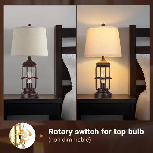 Miniatura 3 de Qimh Juego de 2 lámparas de mesa para dormitorio con puertos USB A+C, lámpara de mesita de estilo granja con luz nocturna, control táctil regulable