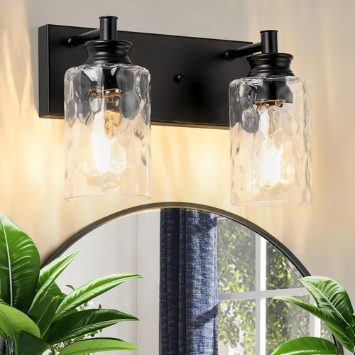 Miniatura 10 de Accesorios de lámpara de tocador de baño de 2 luces, moderna lámpara de baño dorada cepillada sobre espejo con pantalla de vidrio martillado