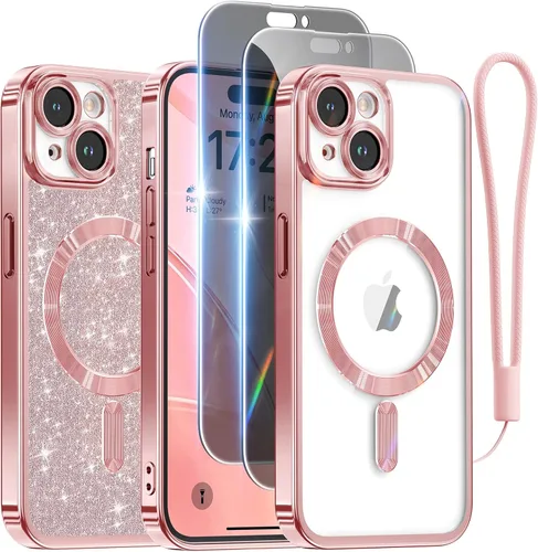 Miniatura 52 de Meifigno Candy Mag Series - Funda diseñada para iPhone 15 Pro, compatible con MagSafe, tarjeta con purpurina y correa de muñeca, protección completa
