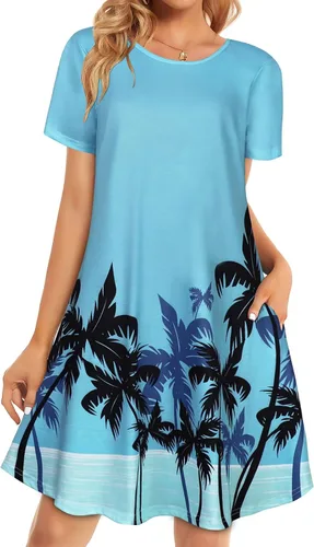 Miniatura 15 de Vestidos de verano para mujer, informales, holgados, estilo camiseta, florales, de manga corta, con vuelo y bolsillos, para la playa