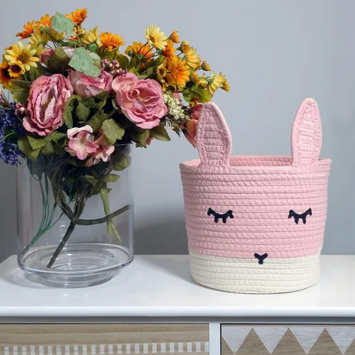Miniatura 3 de T&T Homewares Pequeño juguete de conejo rosa y cesta de lavandería para almacenamiento de guardería, decoración de guardería de bosque Conejito