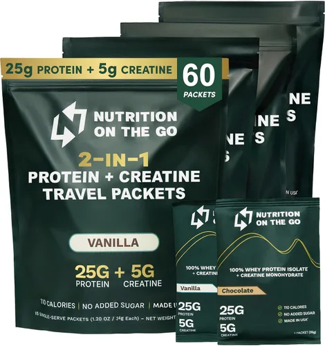 Miniatura 14 de Nutrition On The Go - Paquetes de proteína aislada de suero con creatina – 25g de proteína + 5g de creatina – Polvo de proteína de porción única