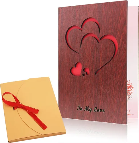 Creawoo Tarjeta de felicitación de amor hecha a mano de madera de nogal con caja de regalo única, el mejor día de San Valentín, aniversario,