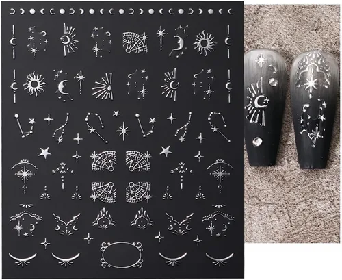 Miniatura 9 de Calcomanías de uñas metálicas plateadas 3D – Calcomanías de uñas para mujer, diseño de estrellas, luna y sol, decoración de mariposas y bohemio