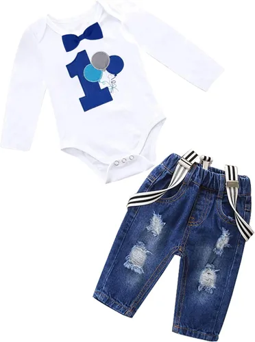 Miniatura 74 de Conjunto de ropa de cumpleaños para bebé niño pequeño, con tirantes, pantalones de mezclilla rasgados