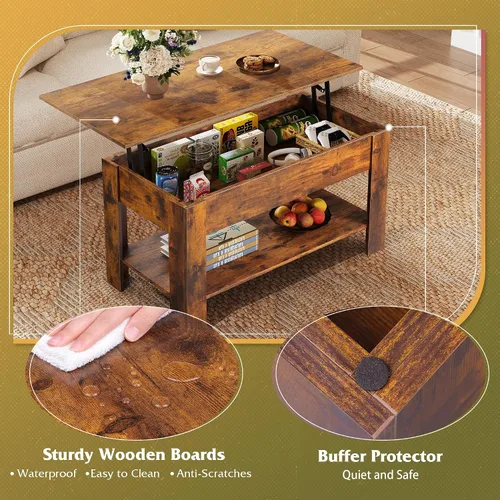 Miniatura 6 de WLIVE Mesa de Centro, Mesa de Centro de 39" con Tapa Elevable y Compartimento Oculto, Estante de Almacenamiento y Tapa Elevable para Hogar, Sala
