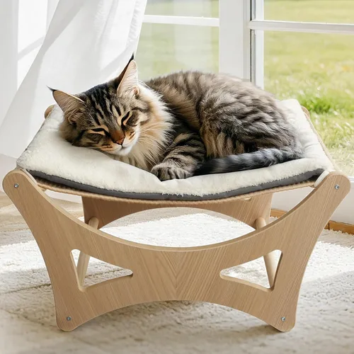 Miniatura 8 de Cama hamaca para gatos de doble capa, camas elevadas de madera para gatos con alfombrilla rascador de sisal natural, cama rascador para gatos