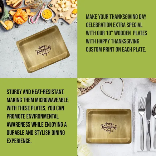 Miniatura 4 de Platos de madera de 10 pulgadas con impresión personalizada "Happy Thanksgiving", paquete de 25
